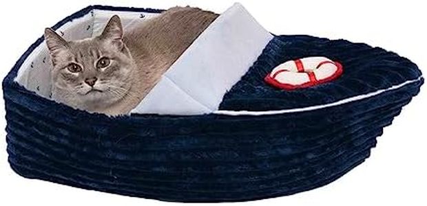 Furhaven Soft & Cozy Cat Bed w/Catnip Toy for Indoor Cats, Washable w/Removable Pillow Cushion Insert - Corduroy Boat Bed - Blue, Small