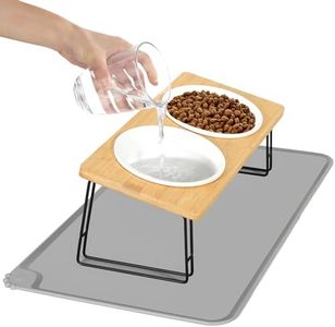 Otauoaea Comedero Gato Elevado,Comedero Gato,Comederos para Gatos Inclinación de 15°Ceramica con Soporte de Bambú y Antideslizante Alfombrilla,2x350ml Comederos y Bebederos para Gatos y Perros Pequeño