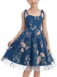 Toddler Girls 1950s Vintage Embroidery Flower Dress Teal Blue 8-9 Years