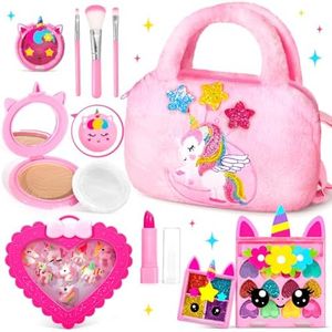 ULOVEME Kids Real Makeup Kit for Little Girls - Real, Non Toxic, Washable Make Up Toy - Umicorn Toys Gift for 3 4 5 6 7 8 9 10 12 Years Old Girls Birthday (Fluffy Plush Unicorn Handbag)