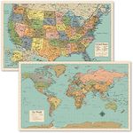 2 Pack - World Map Poster & USA Map Chart [Tan/Color] (LAMINATED, 18” x 29”)