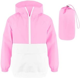 MODAFANS Girls Boys Rain Jacket Lightweight Waterproof Packable Hooded Half zip RainCoats Windbreaker for Outdoor 8-9T,White-Pink