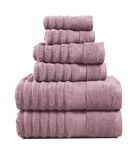 Luxury Ribbed Bath Towels - 100% Cotton Towels for Bathroom, Zero Twist, Textured Shower Towels, Absorbent, 2 Bath Towels, 2 Hand Towels, 2 Wash Cloths (6 Piece Set) - Wishful Mauve