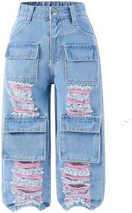 WDIRARA Toddler Girl's Ripped Straight Leg Crop Jeans Elastic Waist Denim Pants with Pockets Distressed Light Wash 5Y