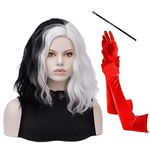 FVCENT Short Curly Black and White Wig Halloween and Carnival, Cruella de Vil, Half Black Half White Short Cosplay Wig+ Red Gloves and Holder