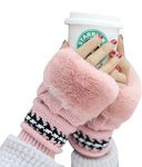 TopiBaaz Knit Fingerless Gloves for Women and Girls, Arm Warmers with Faux Fur, Winter Fingerless Mittens Thumb Hole (Pink)