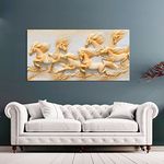Aadee Craft Lucky Seven Golden Horses Running Canvas Wall Painting With Wooden Framed For Living Room| Drawing Room | Bedroom | Hotel | Office| Home Decor| Size Large (48x24 inches)