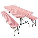 MOTY Fitted Picnic Table Cover with Bench Covers – Rectangular Camping Tablecloth for Picnic Table with Seat Covers – 270g Picnic Tablecloth Made of Waterproof PEVA and Polyester Fits 72” Tables