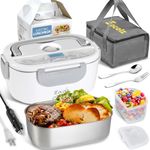 Eocolz Electric Lunch Box Food Heater Warmer 60-80W, 2 in 1 Portable Lunch Box for Car Truck Home Work Leak Proof with 1.5L Removable 304 Stainless Steel Container & Spoon 2 Compartments 110V 12V