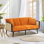 Dolonm 62 Inch Velvet Sofa with Rattan Armrests and 2 Pillows, Loveseat Sofa with Metal Feet, Modern Convertible Futon Couch, Multi-Functional Sofa Bed, Accent Sofa for Living Room, Orange