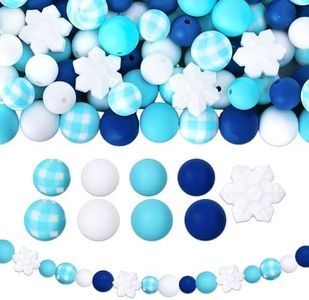Whaline 96Pcs Christmas Winter Silicone Beads with Elastic Rope Blue Buffalo Plaid Round Snowflake Xmas Loose Spacer Beads for DIY Crafts Jewelry Necklaces Bracelets Keychain Making