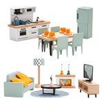 Wooden and Plastic Dollhouse Furniture Set, Kitchen and Living Room Set, 35 PCS Dollhouse Accessories Pretend Play Furniture Toys for Boys Girls & Toddlers