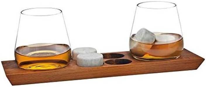 Godinger Whiskey Glasses, Drinking Glasses, Bar Glasses, Wine Glasses, Stemless Glasses, and Chilling Rocks Whiskey Stones Bar Set on Wooden Display Tray
