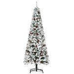 HOMCOM 6 FT Pencil Snow Flocked Artificial Christmas Tree with Pine Realistic Branches, Pine Cones, Red Berries, Auto Open, Green