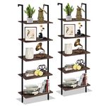 Wolawu 5 Tiers Ladder Shelf 2-Piece Black Modern Tall Bookshelf Open Large Tall Wall Mount Storage Bookcase Standing Leaning Wall Shelves Industrial Decorative