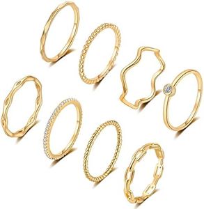 FUNEIA 8PCS 14K Gold Plated Stacking Rings for Women Simple Dainty Silver Stackable Knuckle Thumb Rings Set Cubic Zirconia Thin Plain Band Wedding Promise Eternity Statement Rings Size 4-12, 10,