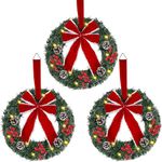 Hausse Set of 3 Christmas Wreaths, Lighted Artificial Christmas Wreath with Large Red Bow & Ornaments, Battery Operated with LED Lights, for Front Door Gate Wall Christmas Party Decorations