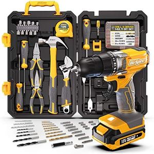 Hi-Spec 81pc Yellow 18V Cordless Power Drill Driver Set: Complete Home & Garage Hand Tool Kit for DIY