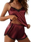 Ekouaer Ladies Nightwear Womens Satin V Neck Sleepwear Lingerie Sexy Pyjamas Summer Pjs Nightwear Lace Short, Wine Red, S