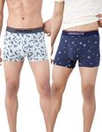 DAMENSCH Men's Regular Fit Cotton Pack of 2 Basic Printed Trunk|Underwear for Men, Combed Cotton, Stretchy Fabric, Anti-Bacterial and Microfibre Waistband, Mens Underwear-Blue Buzz,Stroke Gray-M