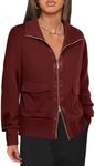 Fisoew Women's Zip up Sweatshirt Collared Neck Long Sleeve Loose Casual Lightweight Jacket with Pockets Burgundy