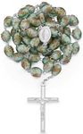 Mondo Cattolico Rosary Beads catholic Blessed During Pope's Angelus, Vintage Sterling Silver Looked Traditional Rosary of the Miraculous Virgin Mary with decorated relief roses beads in green crystal,