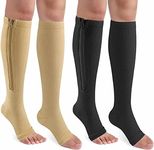 CASMON 2 Pairs Zipper Compression Socks for Women & Men, 15-20 mmHg Open Toe Knee High Support Socks for Varicose Vein Edema