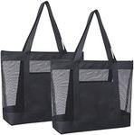 hsmyank 2Pack Mesh Tote Bag,Sandproof Beach Bags with Zipper &Double Pocket For Groceries,Poolside,Travel,Towels (Black)