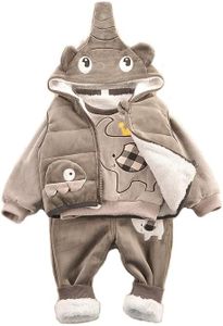 Bold N Elegant 3D Fur Reindeer Cartoon Thick Winter Warm T-shirt Pant with Hood Jacket 3 Pc Clothing Set for Infant Toddler Kids (Grey - Elephant, 12-18 Months)