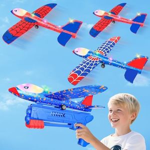 HitToys Airplane Launcher Toy for Kids, 3 Pack Spider Foam Gliders Air Planes with Led, 2 Flight Modes 3 4 5 6 7 Year Old Boys Girls Outdoor Flying Toys Outside Sport Games Birthday