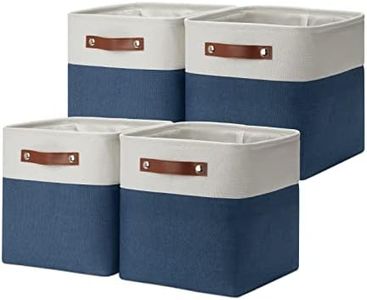 DULLEMELO [Set of 4 Storage Cubes Baskets for Organizing, 11 x 11 x 11 inch Cube Storage Organizer Bins with Leather Handles, Foldable Fabric Cloth Bins for Cube Storage(4 Pack - 11" White&Blue)