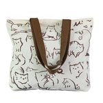 wolpin Women Reusable Shopping/Grocery Classic Tote Bag With Pocket Shoulder Cotton Handbag Zipper Closure Travel Bag Multi-Purpose, Funny Cat, Beige