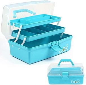 12in Three-Layer Multipurpose Storage Box Organizer Folding Tool Box/Art & Crafts Case/Sewing Supplies Organizer/Medicine Box/Family First Aid Box with 2 Trays (Blue)