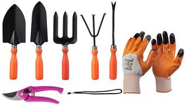 Amazon Brand - Solimo 7-Piece Gardening Tool Kit | Cultivator, Fork, Trowels, Weeder, Garden Gloves, Pruner Cutter | Indoor & Outdoor Gardening Tool Kit