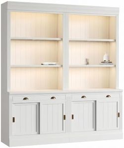 BosomHug Tall Bookshelf with Sliding Doors, 83.4 Inch Modern Bookcase with LED Lighting, Solid Wood MDF Storage Cabinet for Home