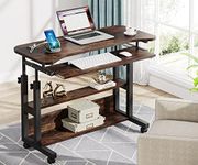 Tribesigns Portable Desk with Power Outlets, Height Adjustable Side Table Sofa Couch Bedside Laptop Computer Cart with USB Charging Ports, Mobile Small Standing Desk with Keyboard Tray