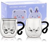 Cute Cat Mugs Set of 2 Cute Cat Tea Coffee Cups with Handle 8.5oz Milk Cup Double Wall Insulated Glass Espresso Cups Glass Personal Birthday Valentine's Day and Office Gift (2 Pack, White Black)