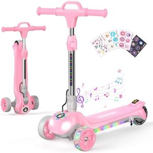iScooter ik2pro Electric Scooter for Kids Age 3-8, Bluetooth Features, 2-Speed Thumb Throttle, LED Light, Foldable and Height-Adjustable for Girls/Boys (Sakura Pink)