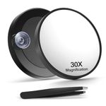 Macaki 30X Magnifying Mirror with 2 Suction Cups, 3.5 inches Magnified Makeup Mirror and Slant Tweezers,Black,1PCS