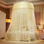 Princess Elegant lace Round Sheer mesh Bed Tent Queen,Canopy for Twin Bed,Mosquito net for Bed,Girls Bed Or Full & Queen Size Bed,fits 1.2m-2m Bed (Light Yellow)