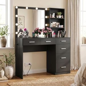 Gyfimoie 39 Inches Black Vanity Desk with Lights, 6-Drawers Makeup Vanity Table with Power Strip and Storage Shelves, Dressing Table with Lighted Mirror for Women Girls (Black)