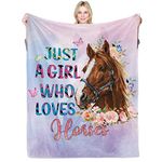 Just a Girl Who Loves Horses Blanket for Girls Horse Flower Throw Blankets Gifts for Women Light Pink Purple Warm Lightweight Flannel Fleece Blanket for Sofa Couch All Season, 150cm x 200cm