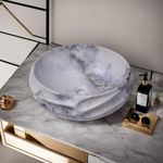 NEXIS Designer Glossy Finish Ceramic Art Wash Basin Vessel Sink Table Top | Collapsible Wash Basin (White Grey Marble Art Wash Basin, 16 x 13 x 6 Inch)