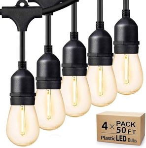 Svater Outdoor String Lights 200 FT, E26 Socket, 64pc S14 Shatterpoof Bulbs, 1 Watt Dimmable 2700K Warm White, IP65 Waterproof Commercial Grade Patio Light (4 Pack X 50FT)