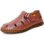Moodeng Men's Sandals Leather Summer Sandals Causal Slip-on Shoes Closed Toe Sport Sandal Outdoor Anti-Slip Fisherman Shoes Color Maroon Size 10.5