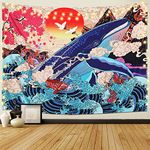 Dremisland Japanese Ukiyo-e Tapestry Sea Wave Koi Wall Tapestry Big Whale Animal Sunset Landscape Tapestry Wall Hanging Decoration for Bedroom Living Room