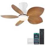 Kviflon Ceiling Fans with Lights and Remote/APP Control, 30 Inch Small Tropical Low Profile Ceiling Fan Light, Flush Mount Palm Leaf Ceiling Fans for Bedroom Kitchen Patio Indoor Outdoor, Wood Grain