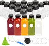 HEHALI 20Pack 12Oz Plastic Juice Bottles with Black Screw Caps for Milk, Juice,Smoothie and Other Beverages, Clear Empty Containers with Funnel, Brush, Categorical Stickers