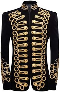 PYJTRL Mens Stylish Court Prince Black Velvet Gold Embroidery Blazer Suit Jacket (Black Gold, 36)