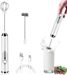 Milk Frother Rechargeable Handheld, Electric Whisk Coffee Frother Mixer with 2 Stainless whisks, 3 Speed Adjustable Foam Maker Blender, for Coffee Matcha Latte Cappuccino Hot Chocolate (White)